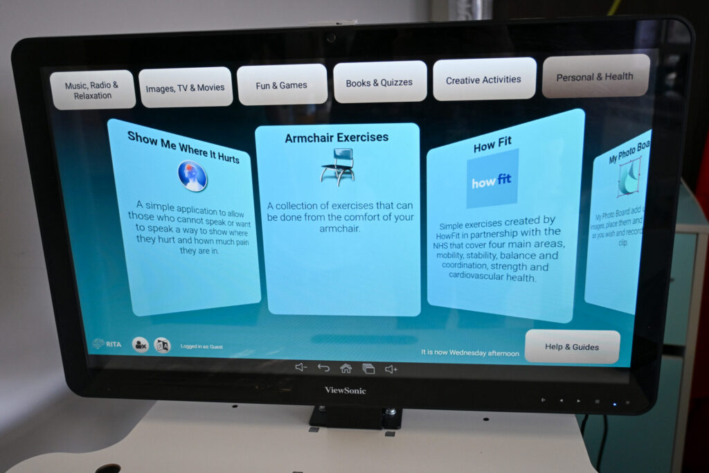 RITA screen showing the different functionalities and activities you can use, including armchair exercises, HowFit and Show Me Where It Hurts. 
