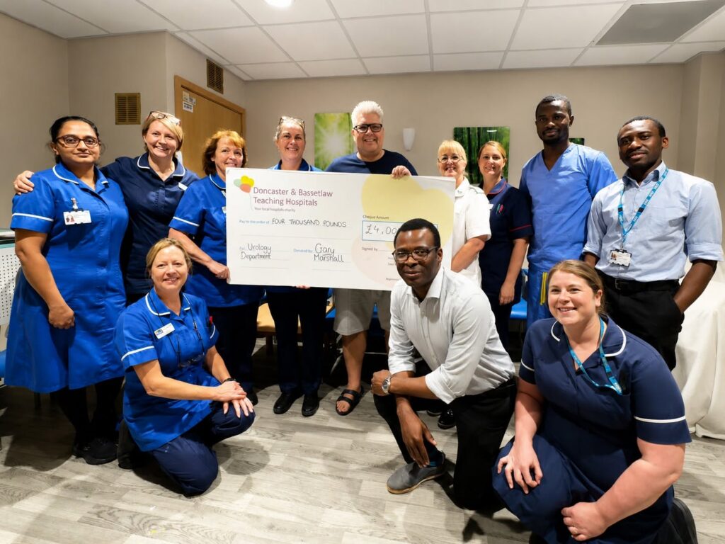 Gary, a middle ages white man, stands in the middle of a group of healthcare staff wearing, nursing uniforms, scrubs and smart wear, holding a large cheque. Everyone is smiling. The cheque reads £4,000 for the Urology Department.